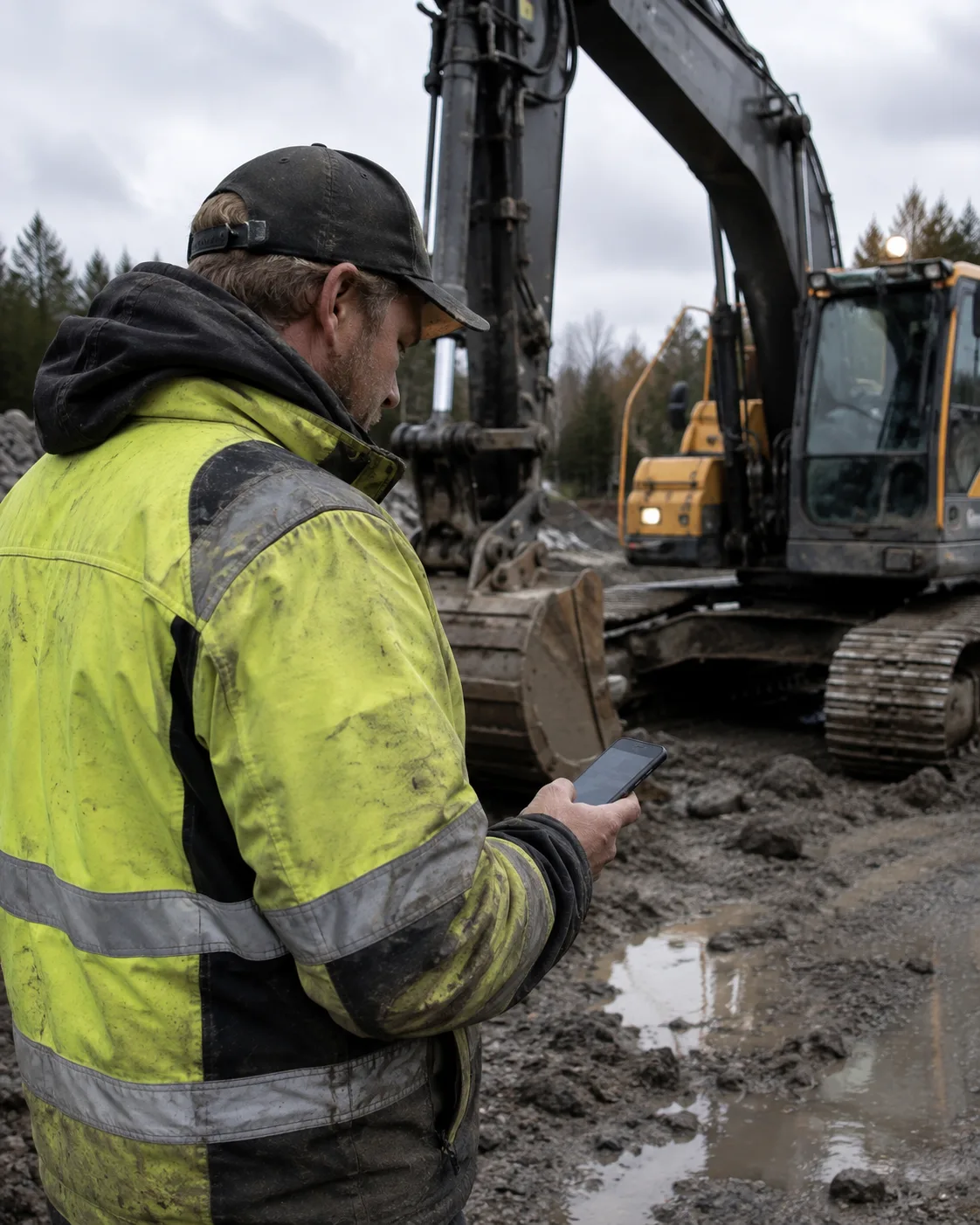 Förare i varseljacka registrerar i telefonen framför en grävmaskin.